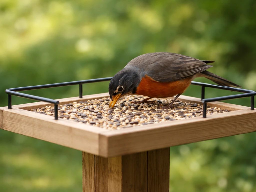 A large bird eating from a platform feeder with guardrails and a flat top in a backyard