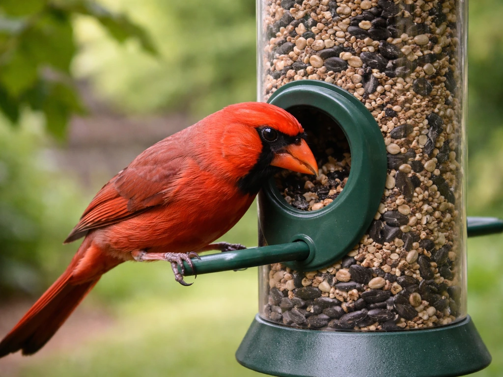 Large songbird perched on a tube feeder and feeding through a wide port in a backyard.