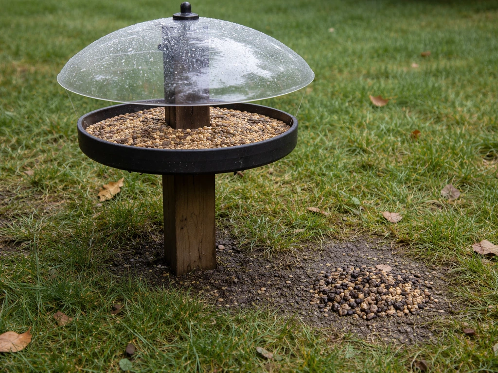 Dome-covered bird feeder with dry seed nearby and a small pile of wet, spoiled seed on the ground