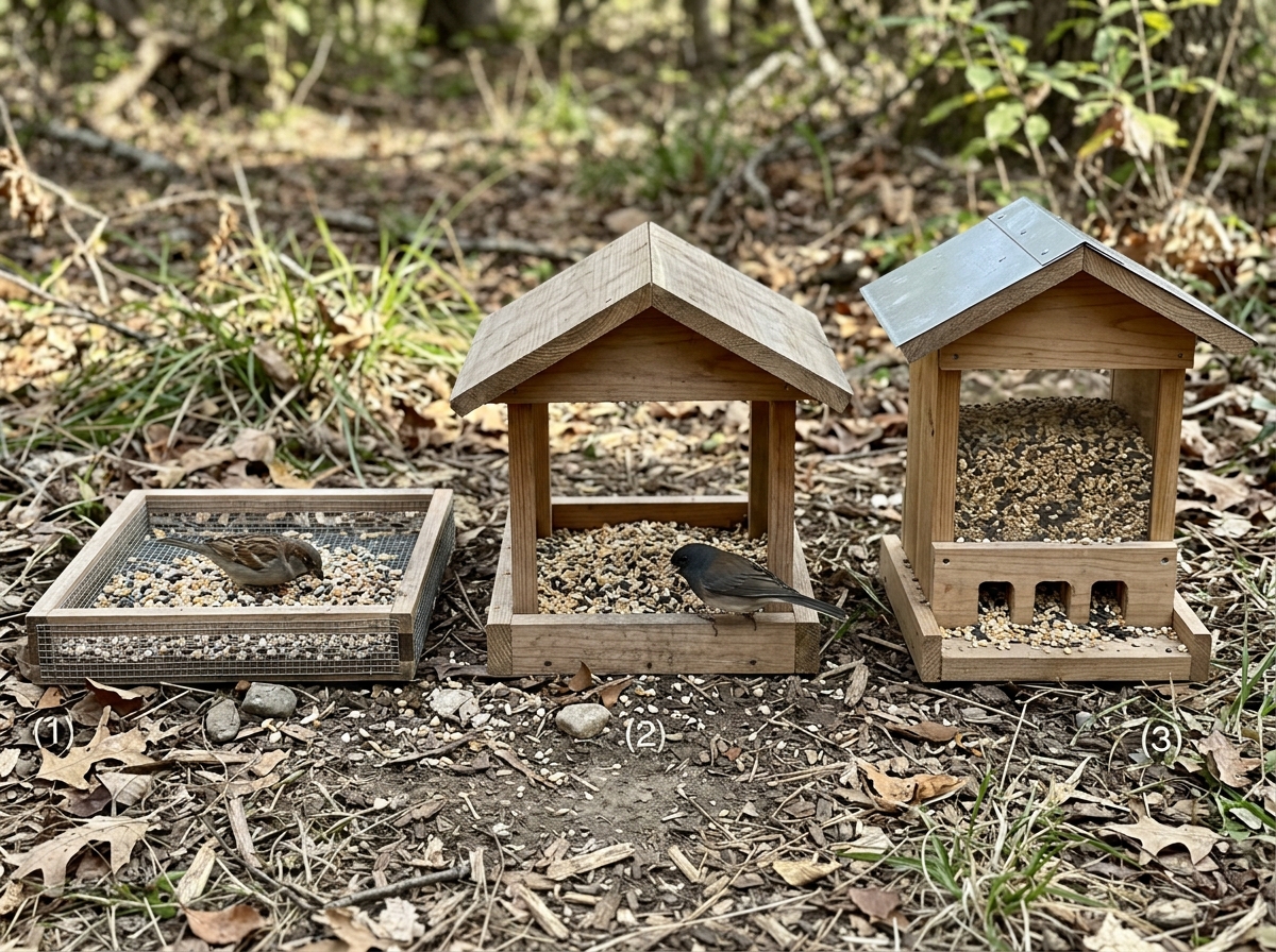 Side-by-side open, covered, and hopper-style ground feeder trays on the ground.