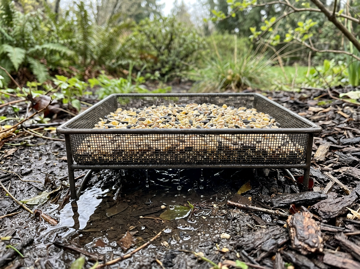 Ground feeder mesh bottom draining after rain while seed area stays drier.