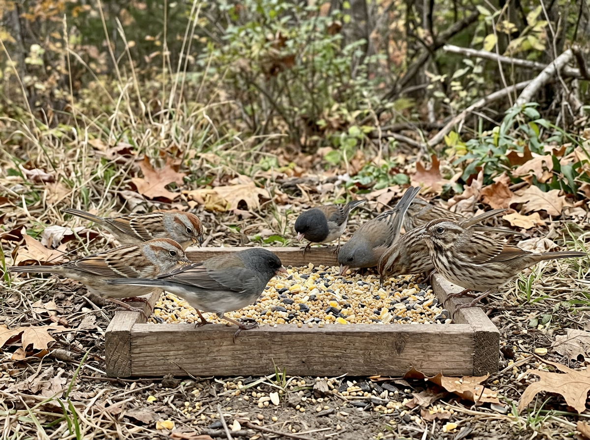 Dark-eyed juncos and sparrows feeding at a ground-level feeder tray.