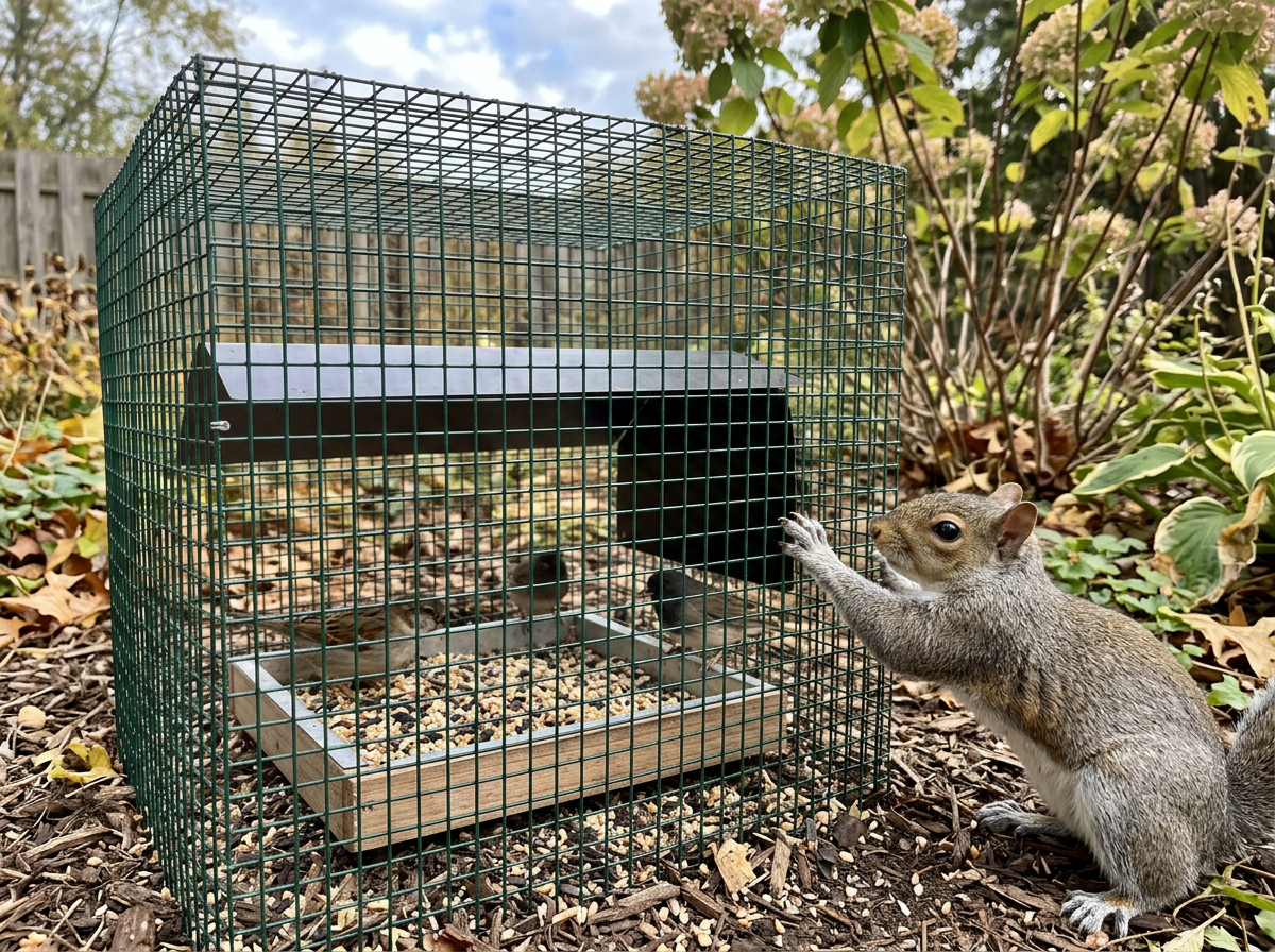Protective enclosure around a ground feeder preventing squirrel access while birds can enter.