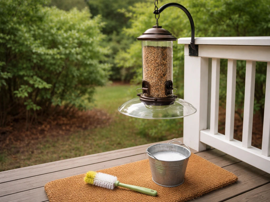 Hanging bird feeder with baffle, brush and bucket nearby, shrubs in the background for cover.