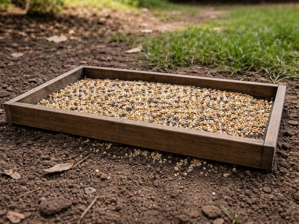 Low ground tray feeder with visible mixed seed and white millet on soil, natural backyard setting.