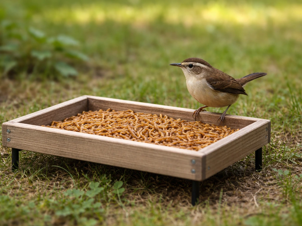 A wren perched on a low tray feeder filled with mealworms in a simple backyard yard setting.