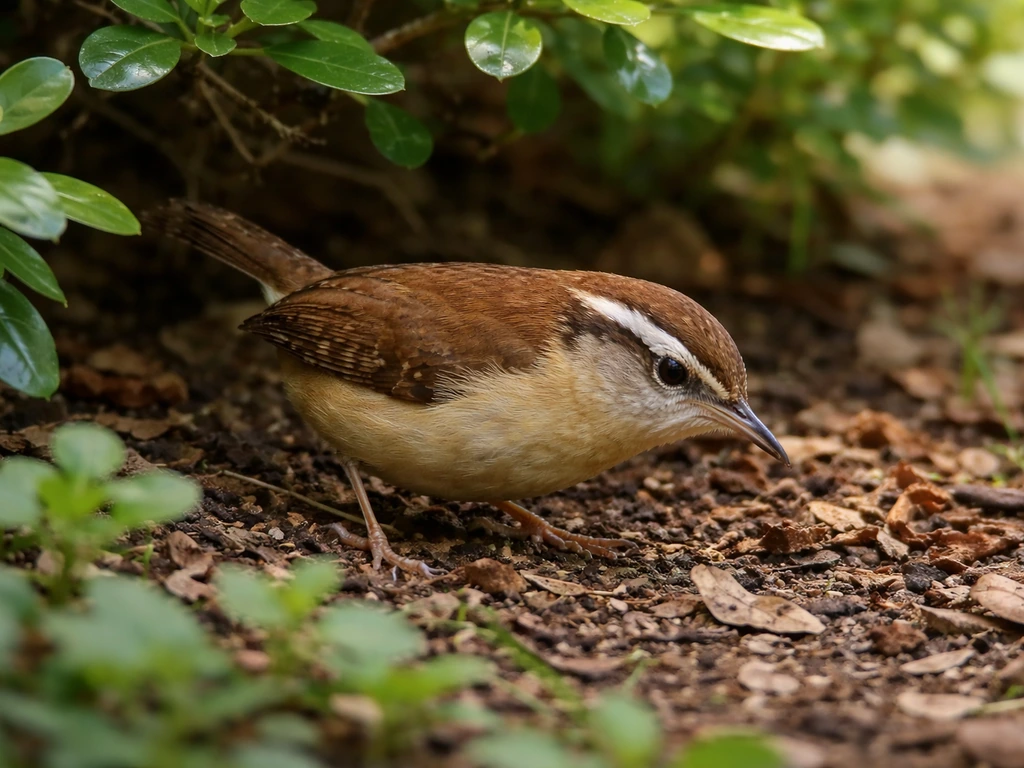 Carolina wren low to the ground foraging near dense shrubs and leaf litter.