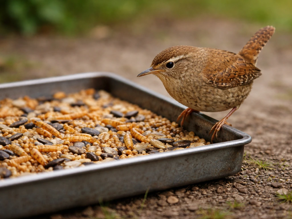 Close-up of a wren perched on the low edge of a tray feeder with scattered food below it.