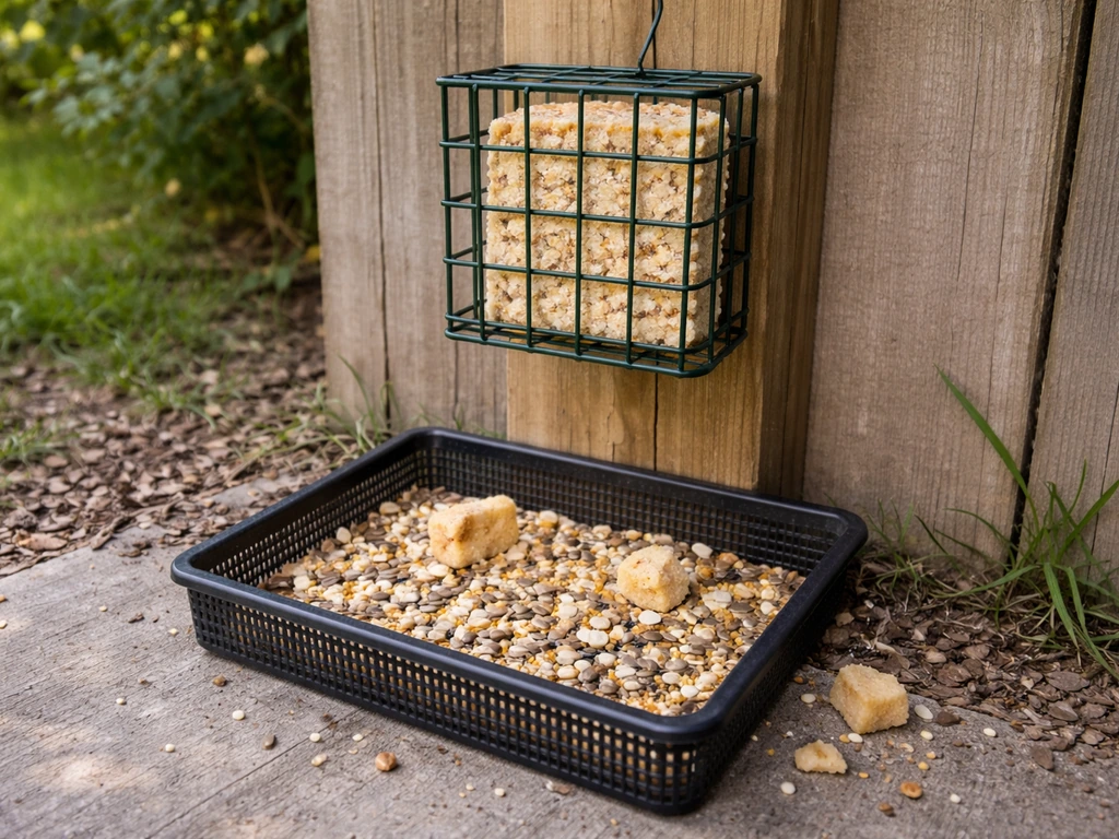 A suet feeder with a nearby ground tray covered in crumbs for small songbirds to forage.