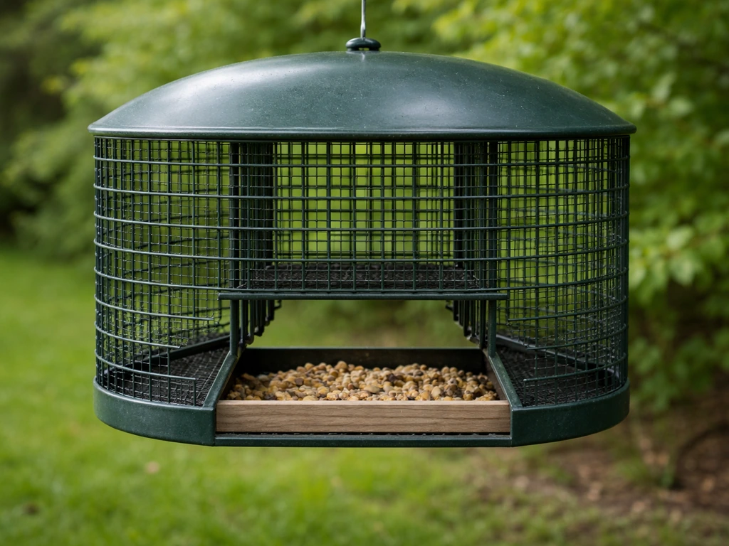 Side view of a squirrel-deterrent suet feeder shroud protecting an open tray feeder from access