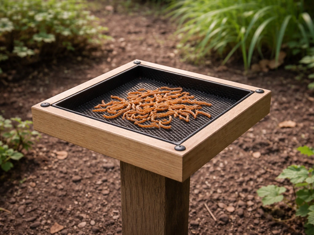 Low tray feeder on a short post with mealworms setup in a backyard garden, natural light.