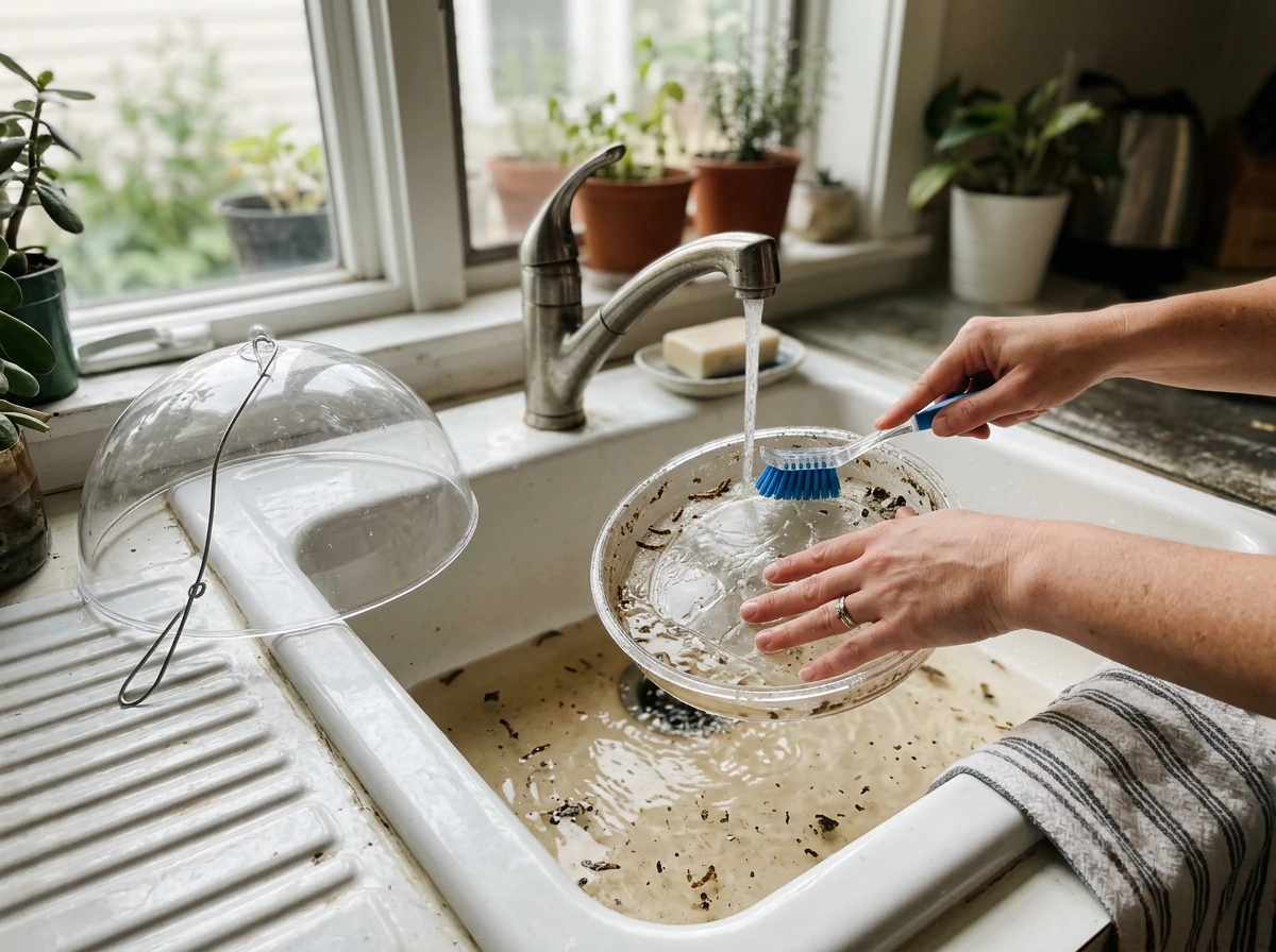Cleaning scene: soaking or rinsing a mealworm feeder to prevent mold