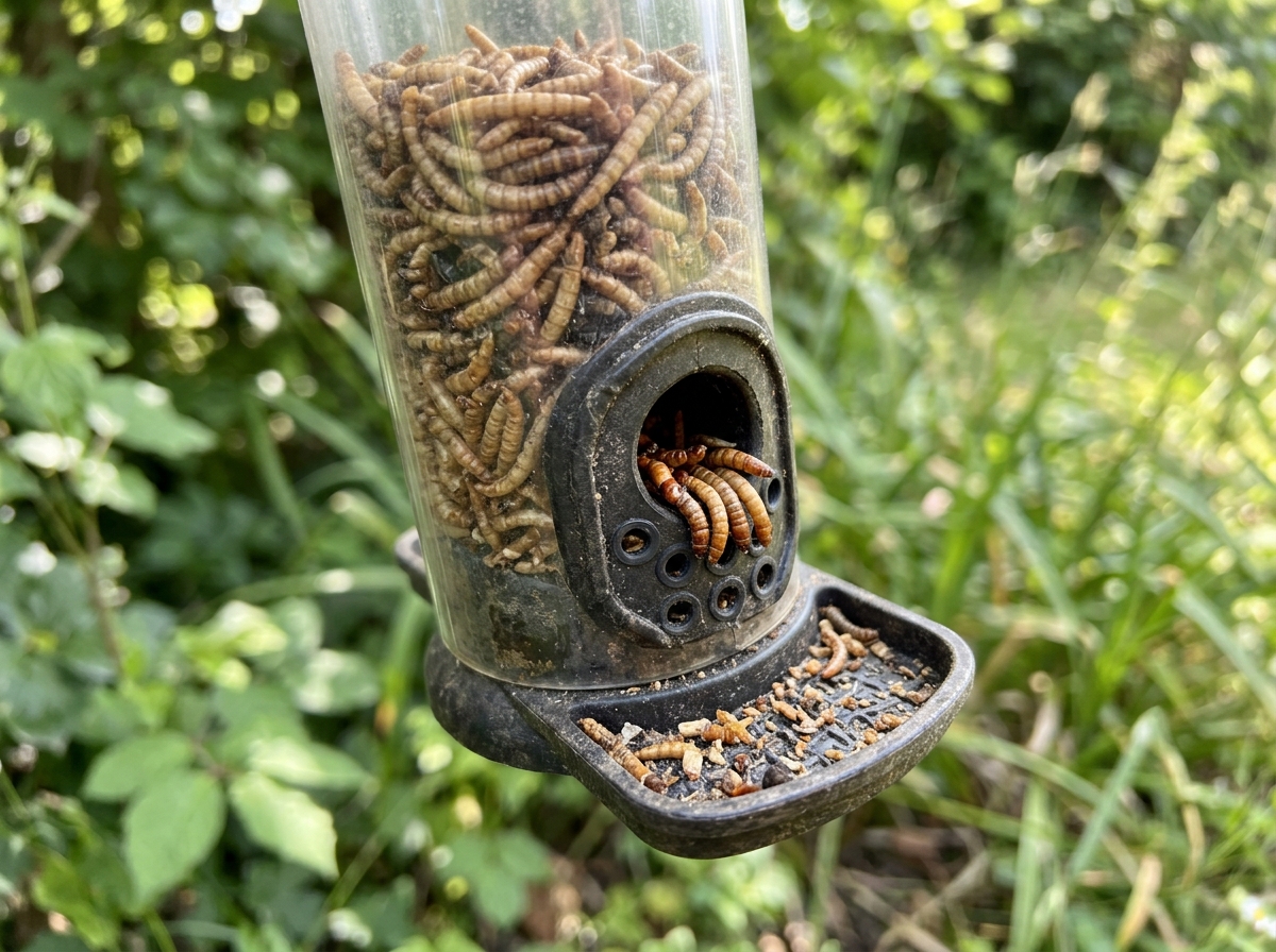 Dried mealworms in a tube/port feeder for easy dispensing