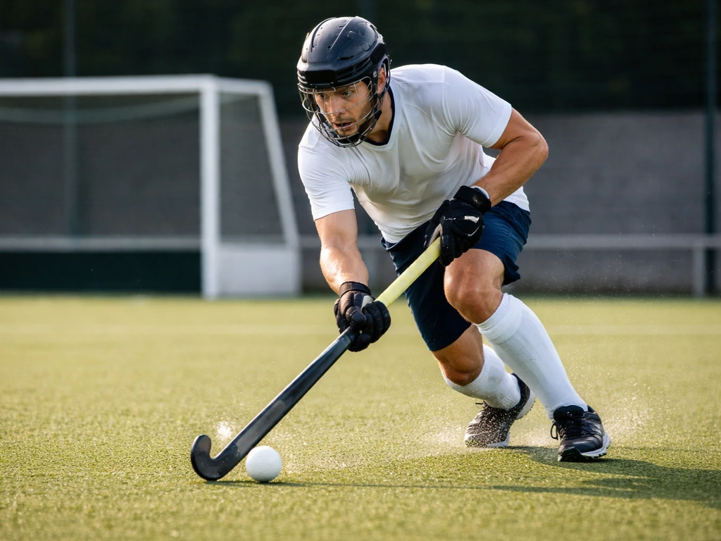Match de hockey sur gazon en action sur terrain synthétique, joueurs avec protections et bâtons