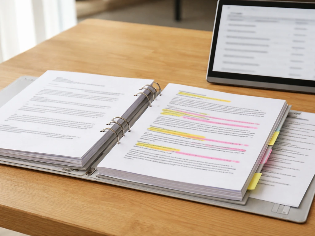 Pages réglementaires surlignées sur table en bois, avec un sommaire flou sur écran, ambiance bureau.