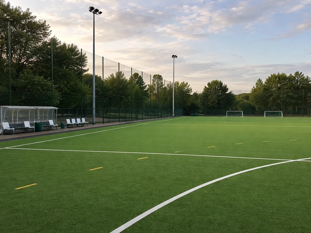 Terrain synthétique de hockey sur gazon à Colombes, marquages et buts, ambiance de club en Île-de-France.