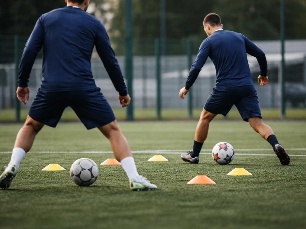 Entraînement de football sur terrain synthétique : dribble et passe entre cônes, photo à hauteur de jeu.
