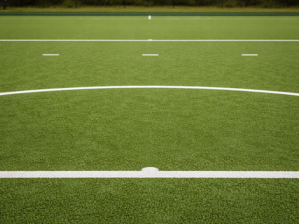 Terrain de hockey sur gazon homologué, marquage au sol net avec lignes de 23 m et cercle de tir.