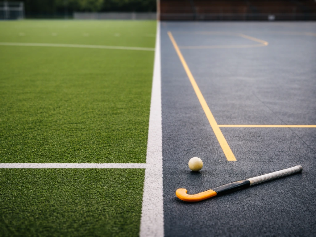 Deux terrains de hockey côte à côte : gazon vert et sol synthétique intérieur, montrant la différence des pratiques.