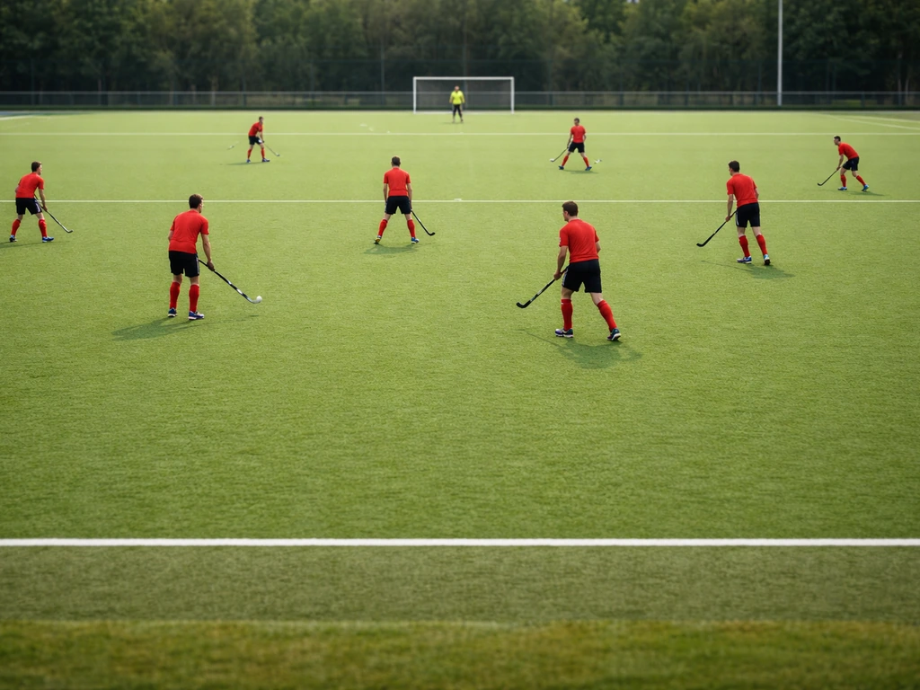 Terrain de hockey sur gazon avec des joueurs disposés en différentes positions d’équipe.