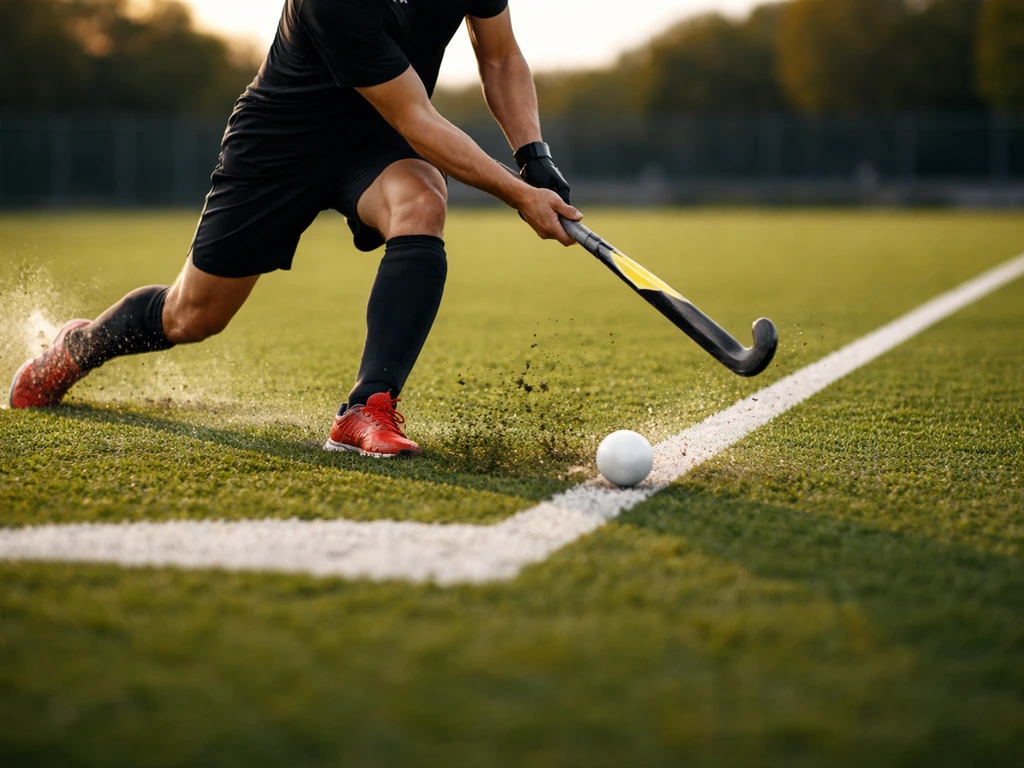 Joueur de hockey sur gazon tire au but sur un terrain en herbe, angle bas, action dynamique.