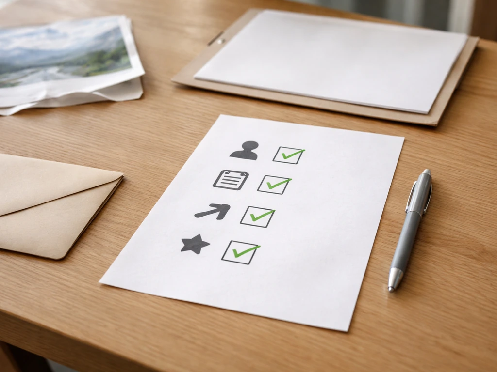 Table de bureau avec photo, documents et checklist abstraite à cocher pour vérifier les droits d’utilisation.