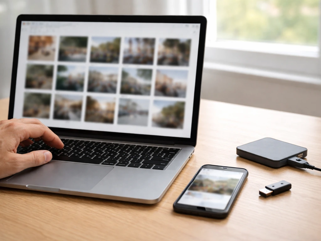 Main anonyme sur un bureau, ordinateur et smartphone montrant des aperçus d’images prêts à envoyer.