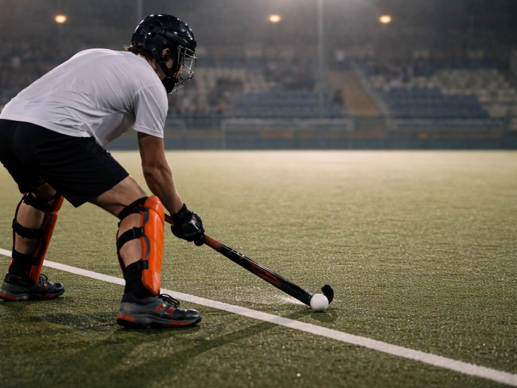 Un joueur anonyme de hockey sur gazon s’apprête à attaquer, stick sur la balle, terrain et tribunes floues