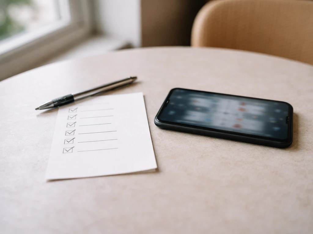 Checklist de facteurs avant un pronostic à côté d’un smartphone affichant des résultats, ambiance sport