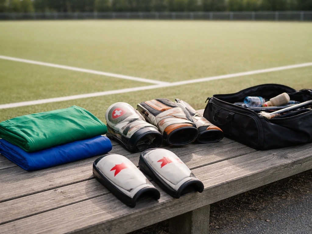 Équipement de hockey sur gazon posé sur un banc, avec maillots et protections en arrière-plan, ambiance match