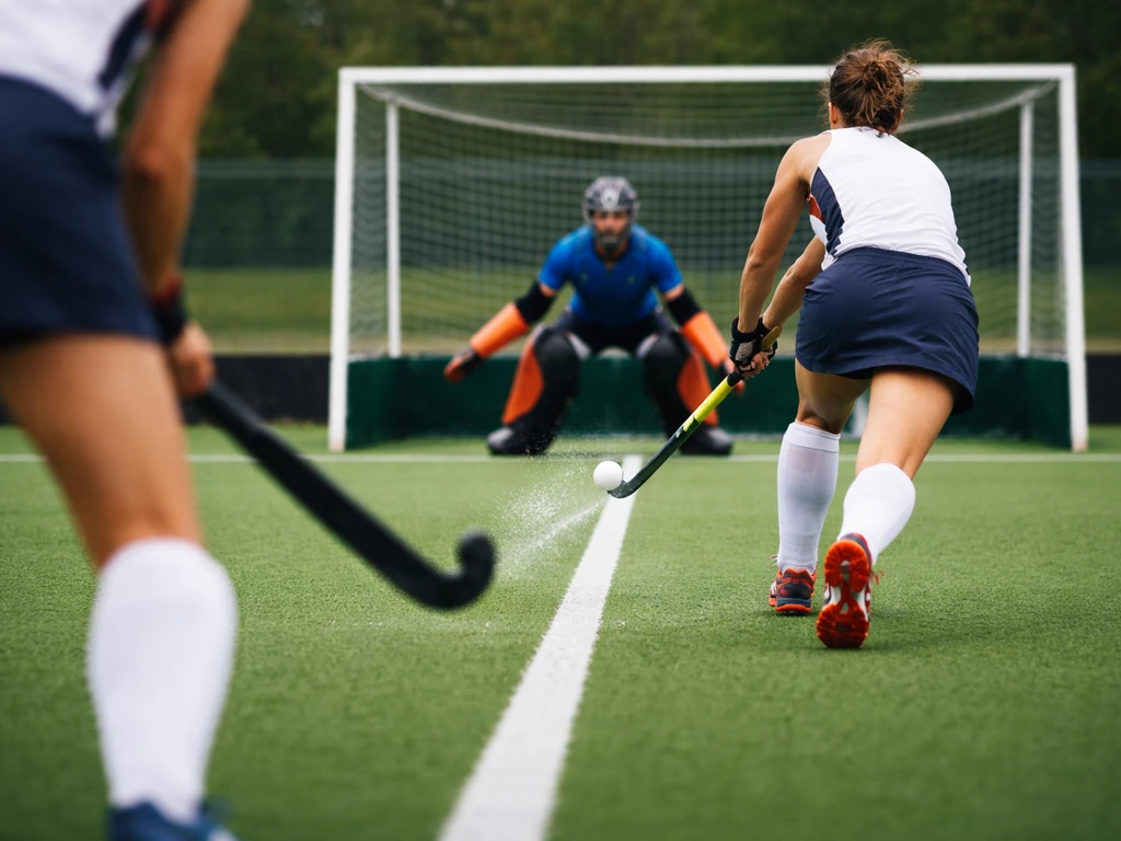 Penalty corner de hockey sur gazon : tir en couloir, gardien en alerte, ballon vers le but.