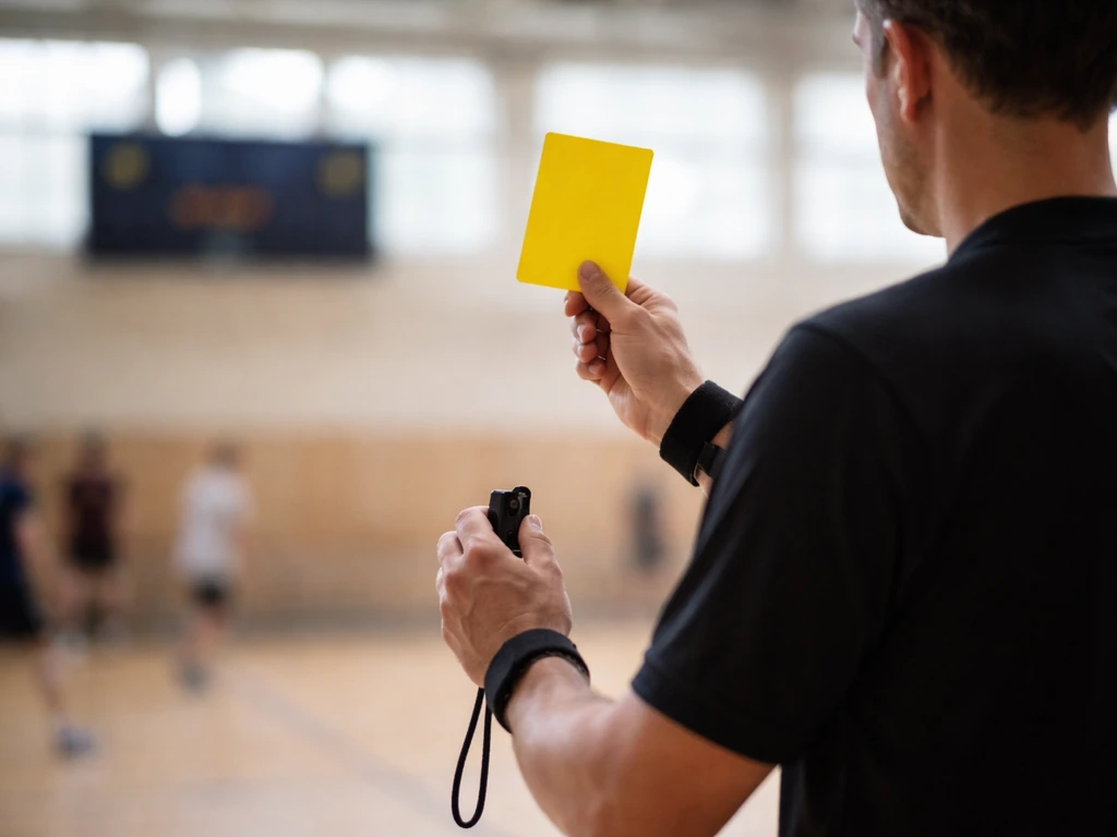Arbitre anonyme tenant un carton jaune, ambiance de match avec chronomètre flou en arrière-plan.