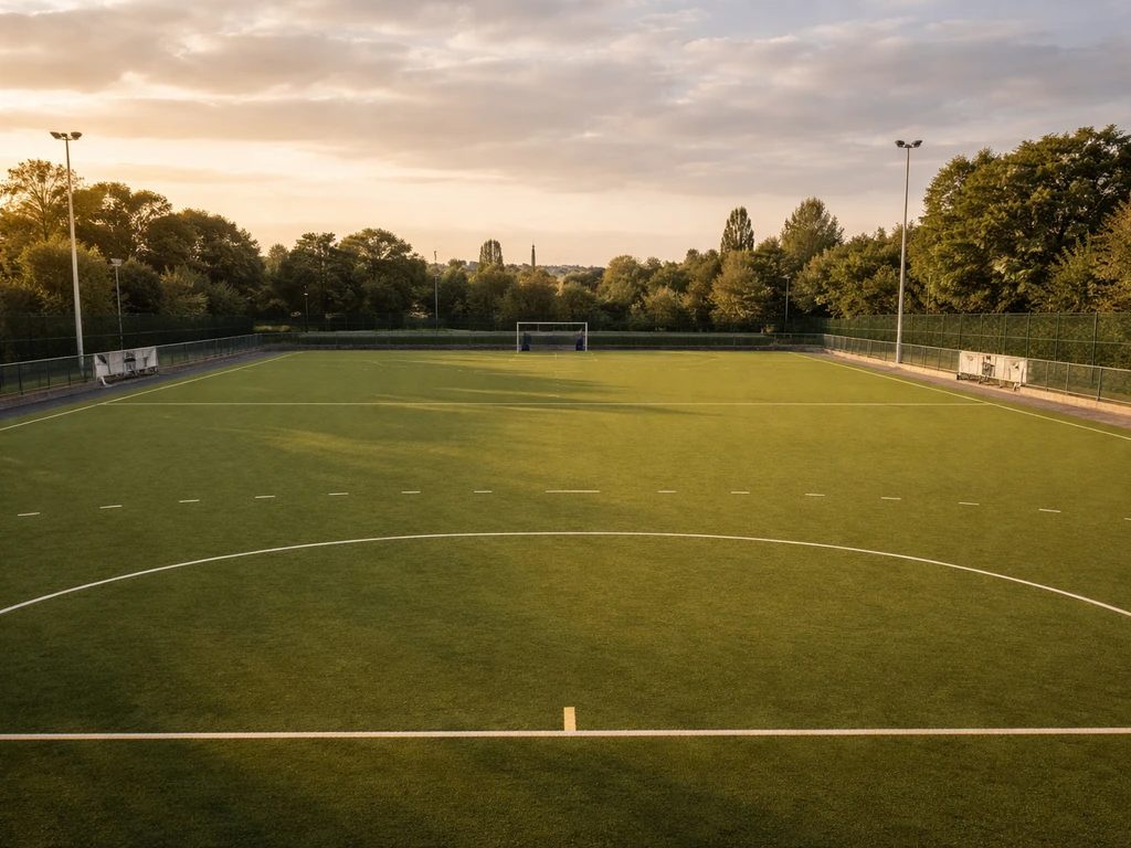 Terrain synthétique de hockey sur gazon près de Paris, avec filets, bancs et marquages visibles.