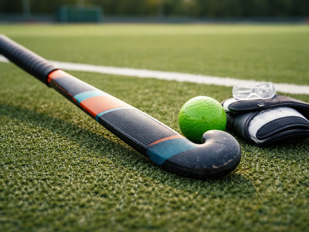 Plan rapproché d’une crosse, d’un ballon de hockey sur gazon et de protections posés près d’un terrain.
