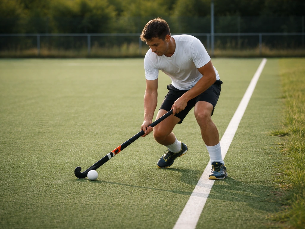 Un joueur anonyme contrôle le ballon en dribble sur un terrain de hockey sur gazon, extérieur.