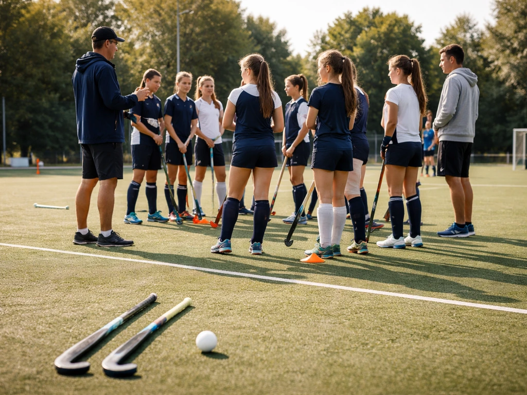 Entraînement de hockey sur gazon à Paris : groupe sur terrain synthétique, coachs encadrant un exercice collectif.