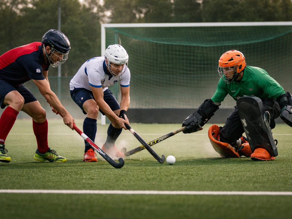 Match de hockey sur gazon à Reims, sur un terrain vert, joueurs et but au fond en arrière-plan