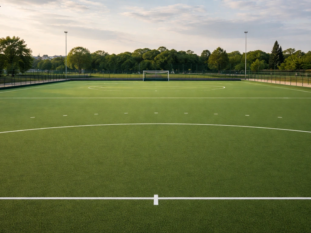 Terrain de hockey sur gazon en gazon synthétique avec lignes de jeu, vue vide à Reims.