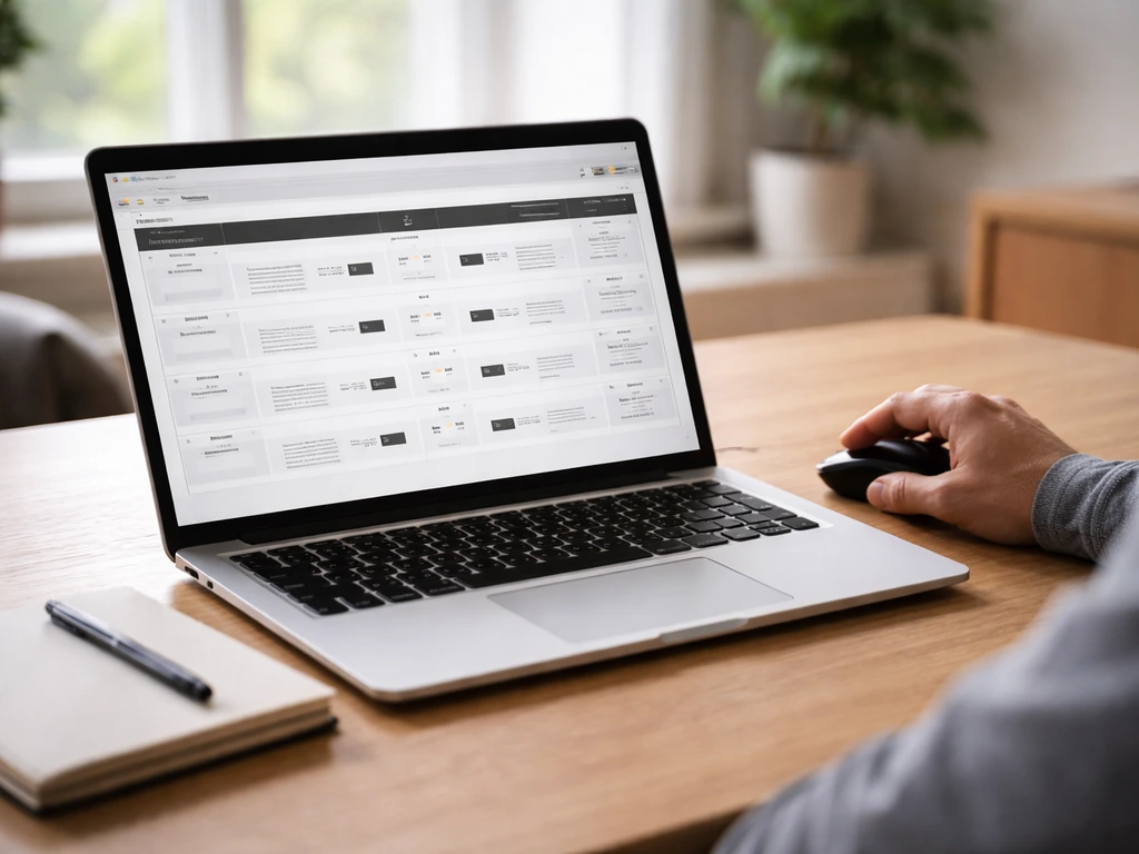 Mains utilisant un ordinateur portable montrant une page de calendrier/résultats de hockey sur gazon, ambiance bureau.