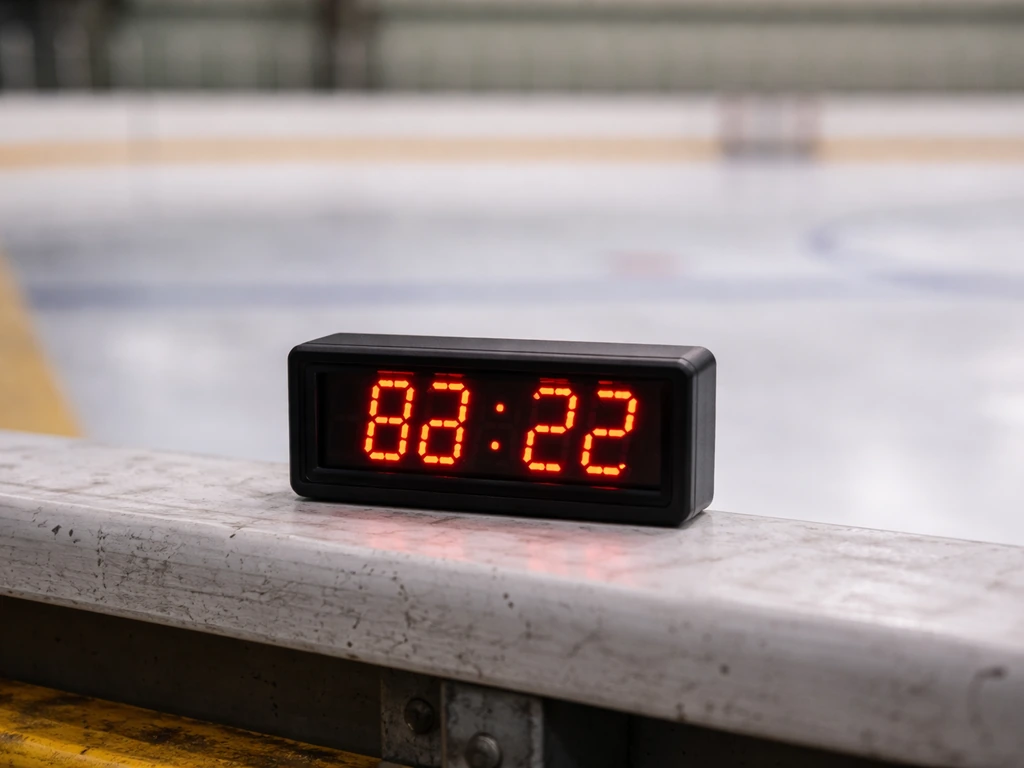 Chronomètre posé à côté d’une aire de jeu de hockey, illustrant des périodes de 15 minutes et les pauses.