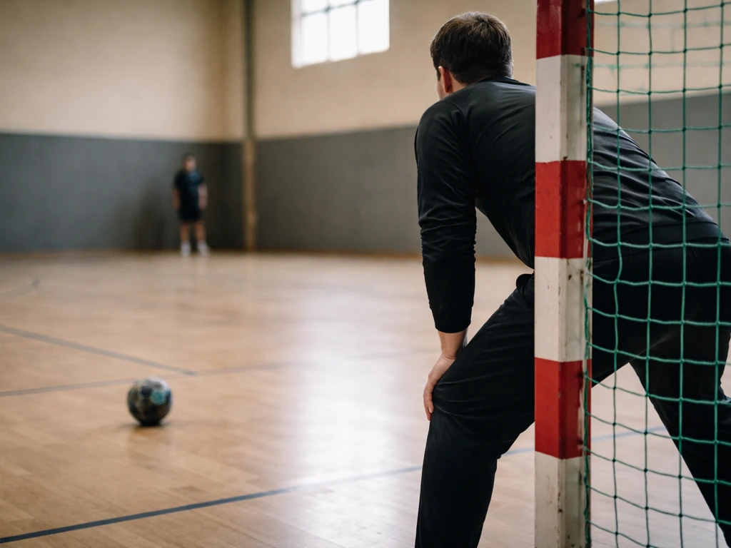 Gardien de but prêt devant la cage, balle de handball au sol, ambiance de shoot-out pour départage.
