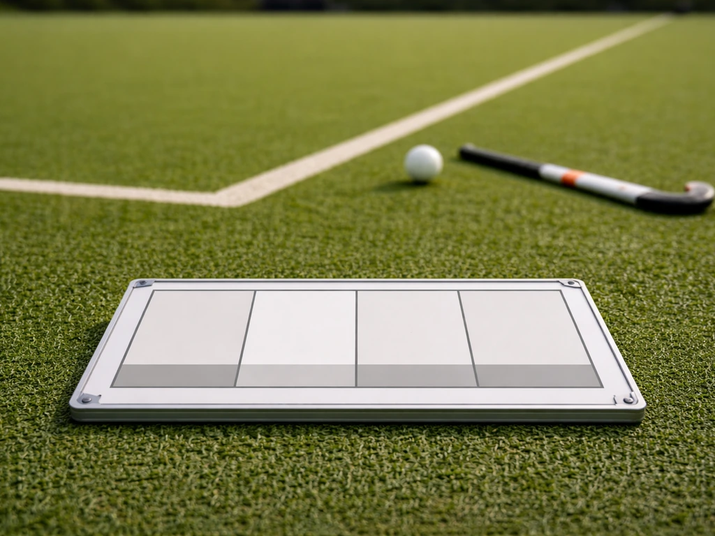 Terrain de hockey sur gazon avec un petit tableau au sol évoquant 4 quarts-temps et pauses, sans texte.