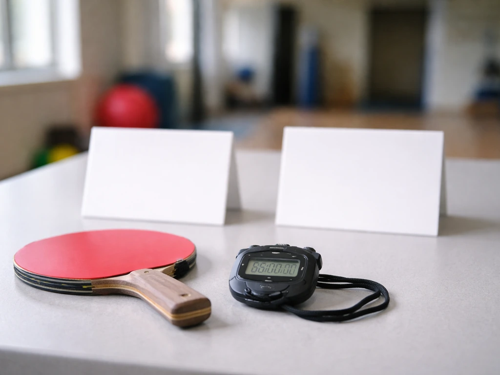Table de sport avec chronomètre et maillot, deux encadrés visuels vides côte à côte pour comparer les durées