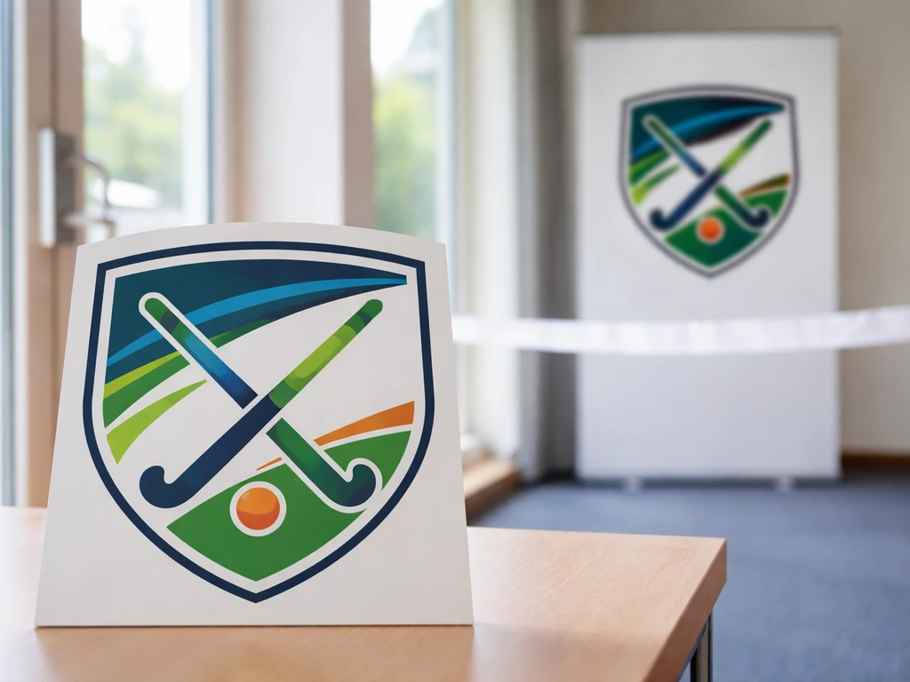 En arrière-plan, un emblème de club sur un panneau; au premier plan, un logo fédéral stylisé barré et non reconnaissable