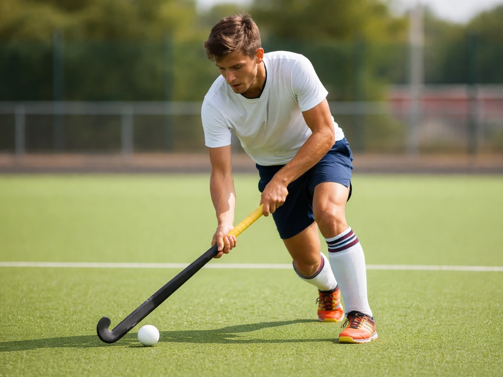 Joueur anonyme de hockey sur gazon sur terrain vert, crosse et ballon en mouvement, décor simple en France.