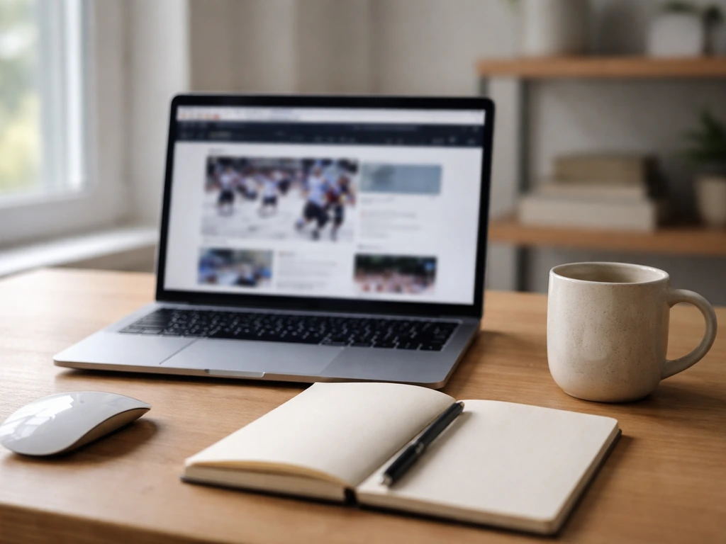 Ordinateur portable avec page web de la Fédération de hockey, ambiance recherche et actus de club.