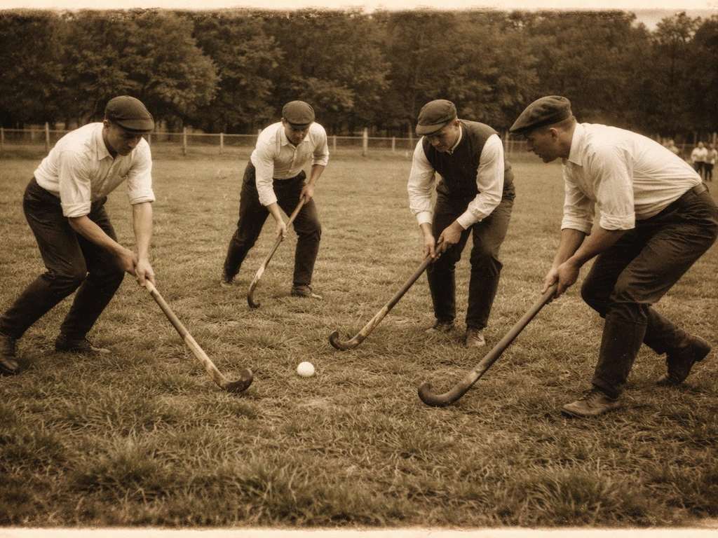 Terrain de hockey sur gazon ancien : joueurs anonymes en action, pelouse et crosses visibles, ambiance historique.