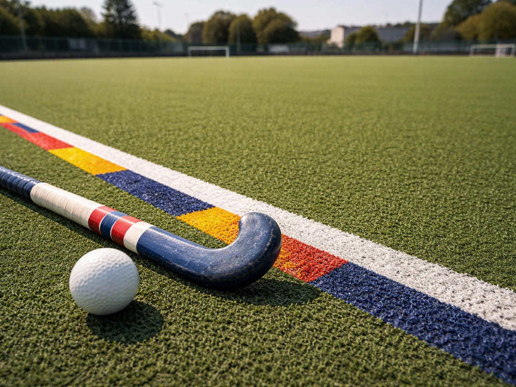 Terrain de hockey sur gazon à Strasbourg avec une crosse et une balle posées près de la ligne.