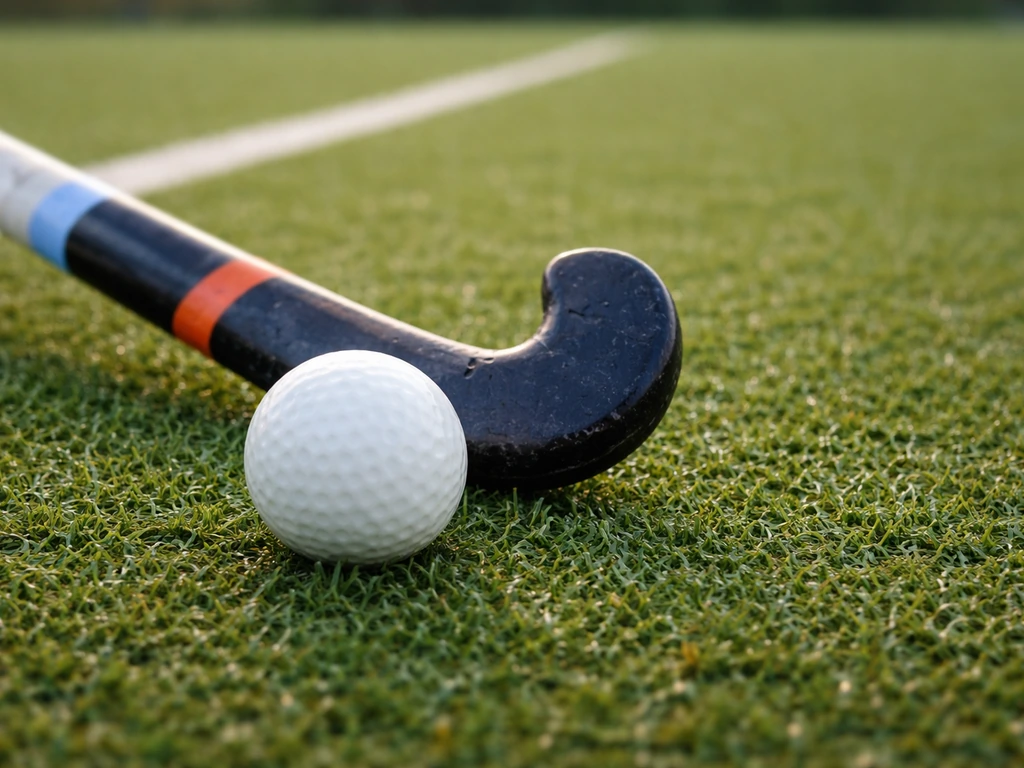 Gros plan sur un stick de hockey sur gazon et une balle sur le terrain, avec marquage visible.
