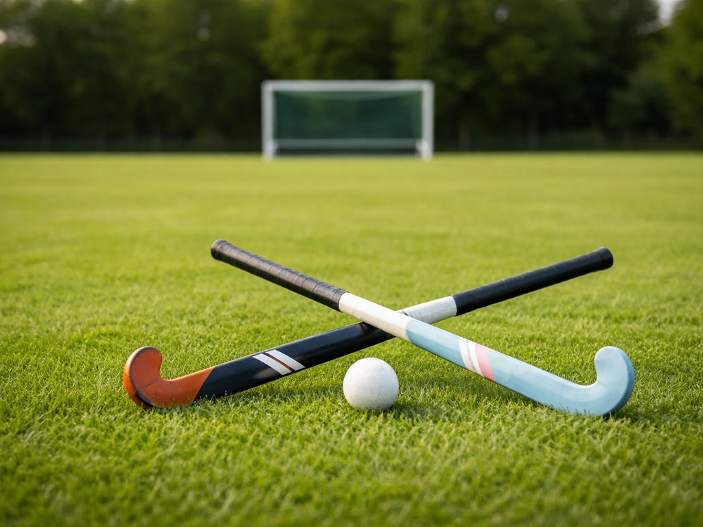 Terrain de hockey sur gazon avec crosses et balle, sans patins ni glace.